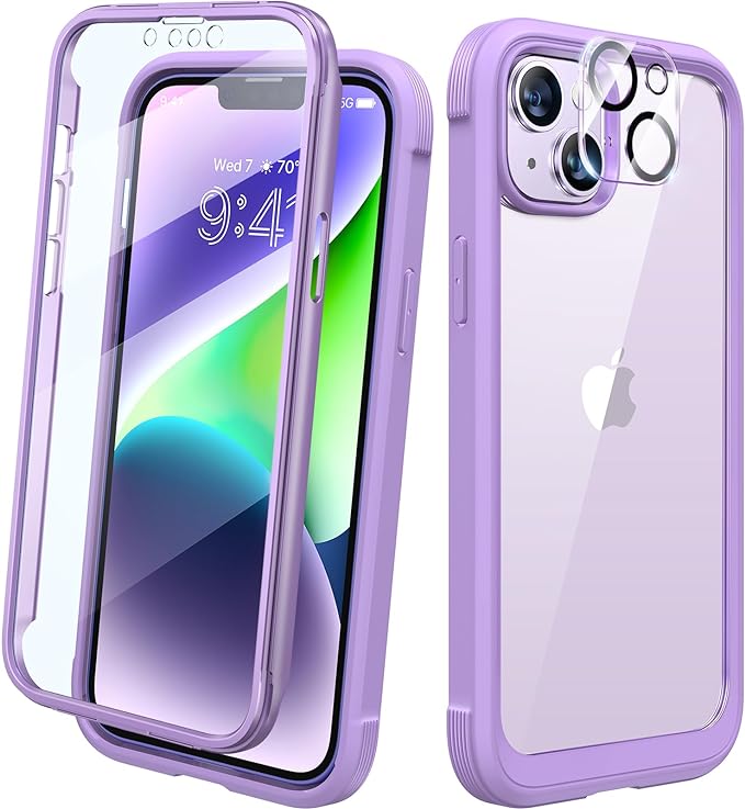 Diaclara Designed for iPhone 14 Case, Full Body Rugged Case with Built-in Touch Sensitive Anti-Scratch Screen Protector, with Camera Lens Protector for iPhone 14 6.1″ (Peri Purple)