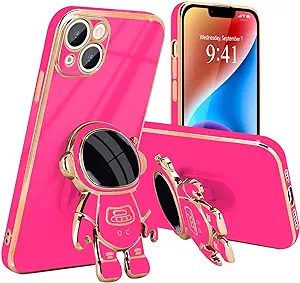 Compatible with iPhone 14 Case Cute 3D Astronaut Stand Design Camera Protection Shockproof Soft Back Cover for Apple iPhone 14 Phone Case, Hot Pink