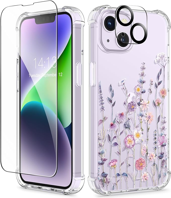 GVIEWIN for iPhone 14 Case Floral, with Screen Protector+Camera Lens Protector, [Non Yellowing] Soft Shockproof Clear Phone Protective Cover for Women, Flower Pattern Design 6.1″ (AA-Floratopia/Colorful)