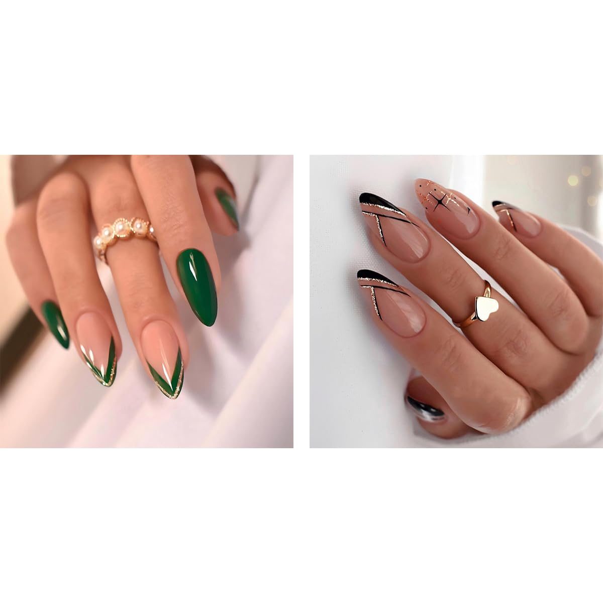Press on Nails Medium Almond Shaped-French Tips Fake Nails Green & Black Swirl Curve Designs Acrylic False Nails with Glue on Nails for Women and Girls Nail Accessories (2 Set)