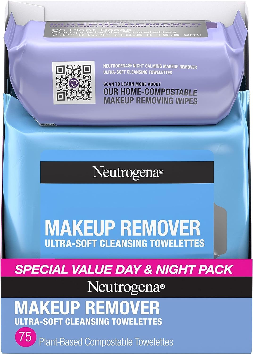 Neutrogena Day & Night Wipes, Makeup Remover Face Cleansing Towelettes & Night Calming Facial Cloths, 100% Plant Based Fibers Wipe Away Dirt, Alcohol-Free, 3 Packs of 25 ct, 75 ct