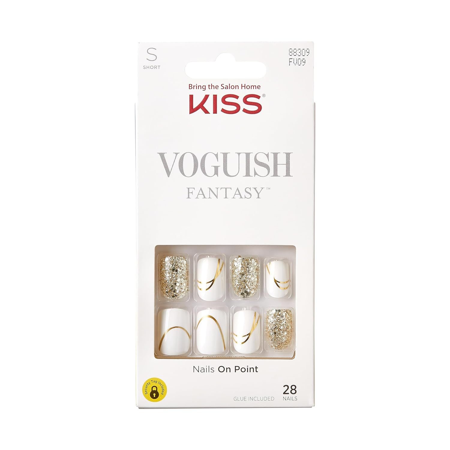 KISS Voguish Fantasy Press On Nails, Nail glue included, Glam and Glow', White, Short Size, Squoval Shape, Includes 28 Nails, 2g glue, 1 Manicure Stick, 1 Mini File