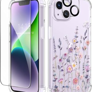 GVIEWIN for iPhone 14 Case Floral, with Screen Protector+Camera Lens Protector,[Non Yellowing]Soft Shockproof Clear Phone Protective Cover for Women, Flower Pattern Design 6.1"(AA-Floratopia/Colorful)