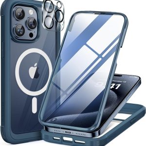 Miracase Magnetic for iPhone 15 Pro Max Case 6.7'' [Compatible with Magsafe] Full-Body Drop Proof Bumper Phone Case for iPhone 15 Pro Max with Built-in 9H Tempered Glass Screen Protector, Blue