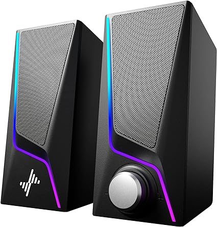 Nylavee SK400 USB Powered 2 Speaker Unit Computer Speakers with 6 Lighting Modes, 2 Bass-Boost Ports, 3.5mm Aux-in Cable for PC, Laptop, Tablet, Phone in Black Metal